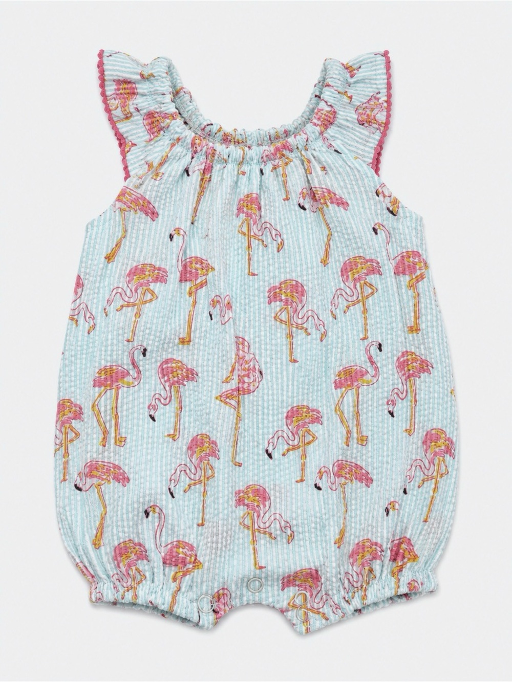 Mud Pie Flamingo Seersucker Bubble Romper Baby Girl 6-9M Coastal Summer Cute - Picture 2 of 5